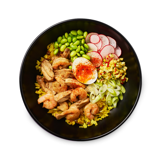 chicken + prawn turmeric rice bowl