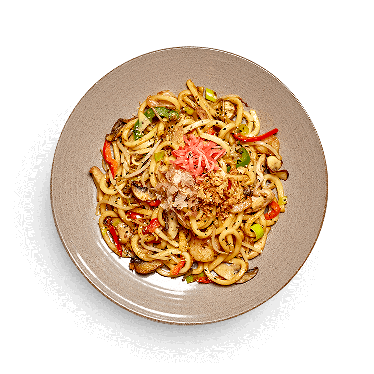 chicken + prawn yaki udon